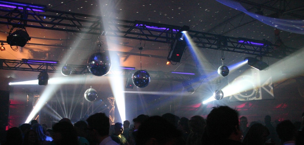 Photo of Mirror Balls with moving intelligent lights on truss